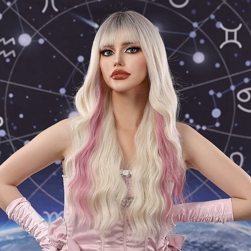 Synthetic Wig Uniforms Career Costumes Princess Curly Wavy Middle Part Layered Haircut Machine Made Wig 24 inch Gold Pink Synthetic Hair Women's Cosplay Party Fashion Blonde4