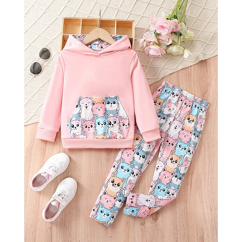 Girls' 3D Cartoon Cat Sports Suit Hoodie Set Tracksuits Long Sleeve Spring Fall Daily Casual Comfort Kids 4 years+ Hooded Outdoor Vacation Sports Tailored Fit3