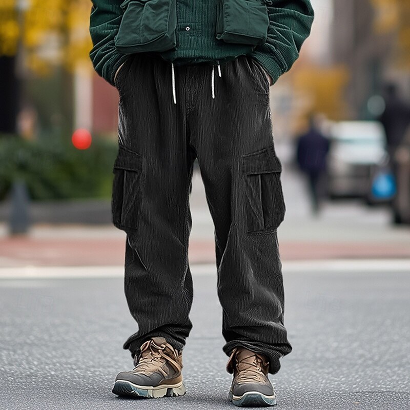 Men's Cargo Pants Corduroy Pants Trousers Baggy Pants Casual Pants Drawstring Elastic Waist Multi Pocket Plain Comfort Soft Full Length Outdoor Casual Daily Fashion Streetwear Black Navy Blue2