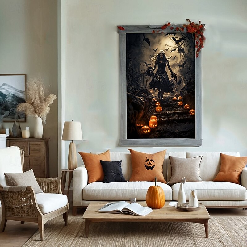 Halloween Window Cover Decorations, Fabric Witch Stair Halloween Curtain Horror Movie Poster Window Door Covering Decor for Haunted House, Scary Halloween Window Clings Decals Indoor Outdoor2