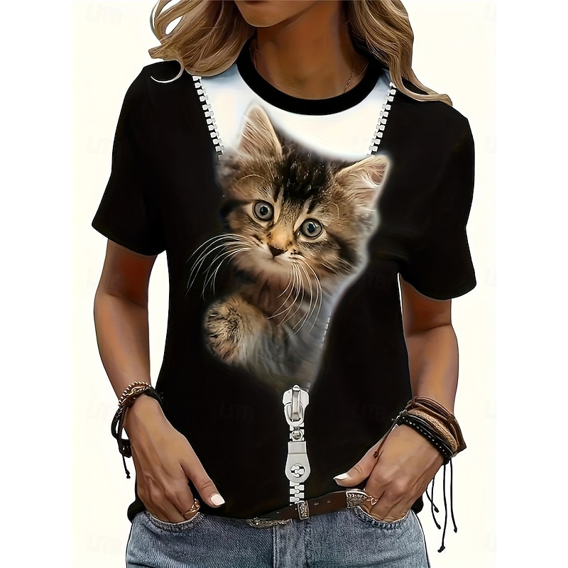 Women's T Shirt Casual Print Short Sleeve Regular Tops Daily Black Summer