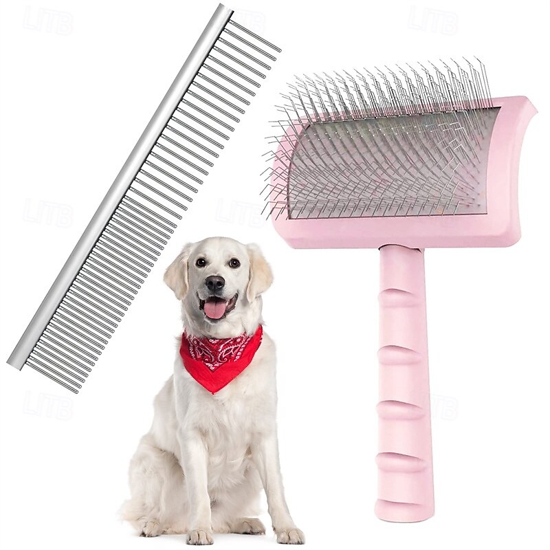 Large Firm Slicker Brush & Pet Comb Value KitExtra Long Pin Slicker Brush for Dogs GoldendoodlesLarge Dog Pet Grooming Wire Brush and DesheddingRemoves Long and loose Hair & Undercoat2