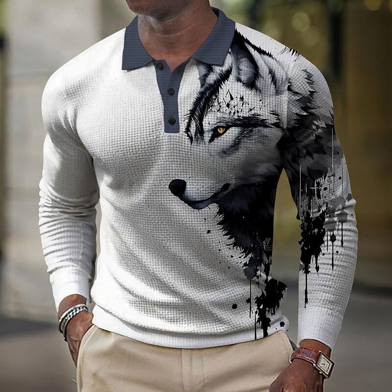 Men's Wolf Waffle Polo Shirts Golf Shirt Long Sleeve Polo Shirts Collared Shirts Casual Funny Vacation Wear Party Outfits Buttons 3D Print Summer White