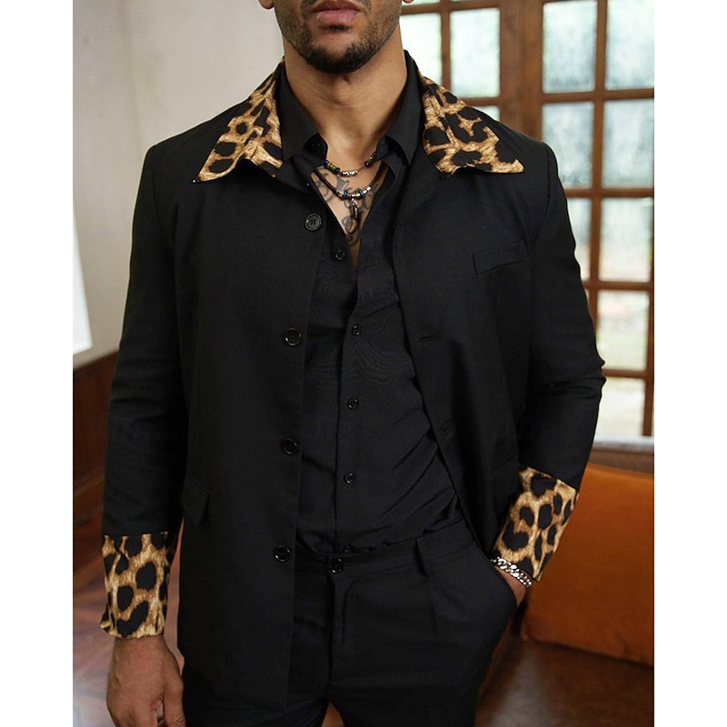 Men's Blazer Business Cocktail Party Wedding Party Fashion Casual Spring &  Fall 65% Cotton Leopard Pocket Buttons Comfortable Single Breasted Blazer Black3