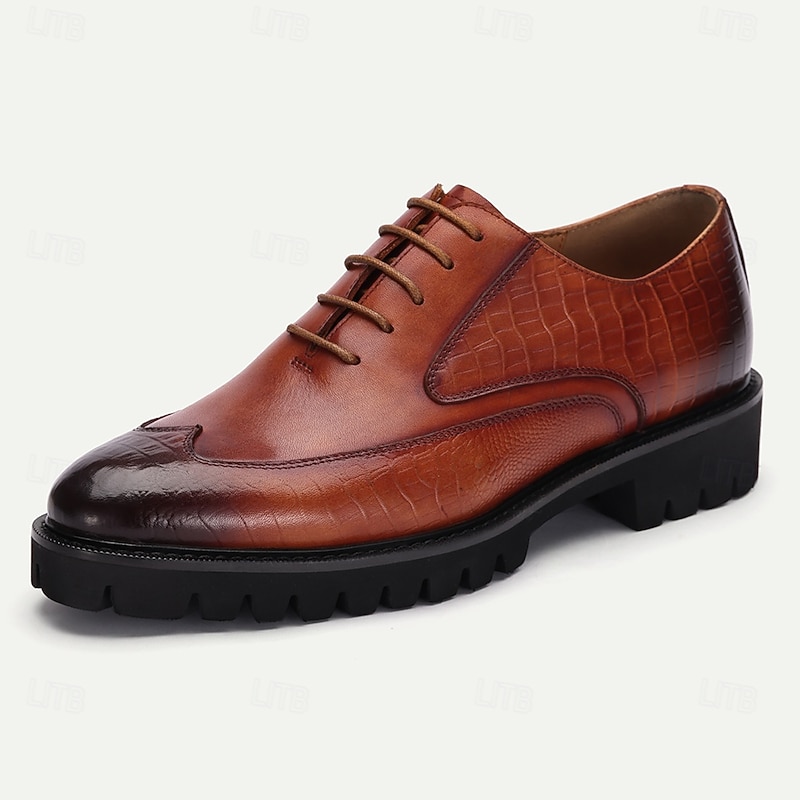 Men's Brown Leather Oxford Shoes with Crocodile Embossed Pattern - Rugged Sole and Classic Design for Formal and Casual Wear2