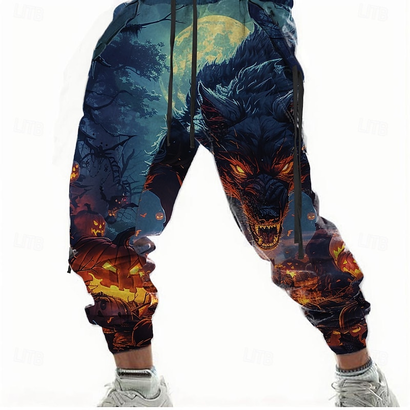 Men's Wolf Halloween Costumes Sweatpants Joggers Pants Trousers Mid Waist Drawstring Elastic Waist Western Casual Party Pocket Spring Fall Winter 3D Print Blue