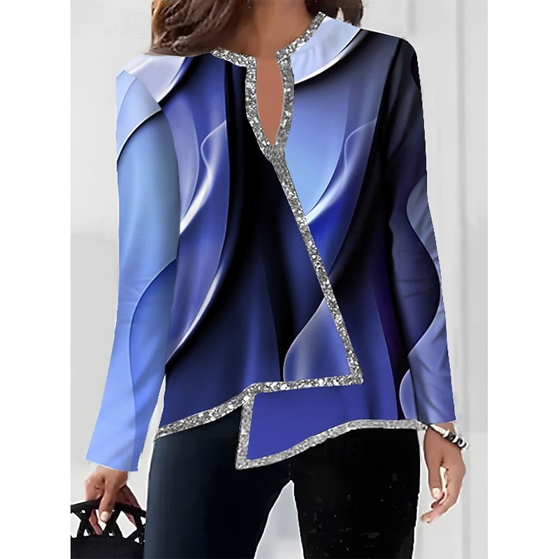 Women's Blouse Long Sleeve Asymmetrical Hem Fashion Print Asymmetric Hem Regular Tops V Neck Casual Pink Blue Purple Orange Green Fall & Winter