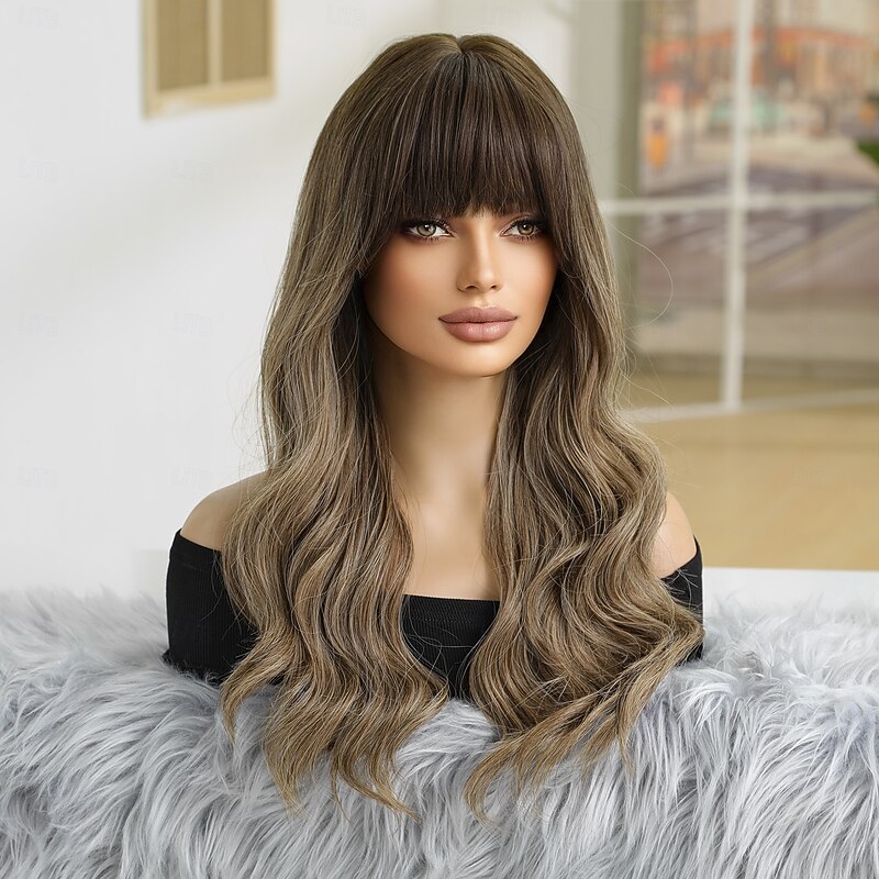 Synthetic Wig Wavy Bouncy Curl Middle Part With Bangs Wig 24 inch Dark Brown Synthetic Hair Women's Elastic Comfortable With Bangs Dark Brown3