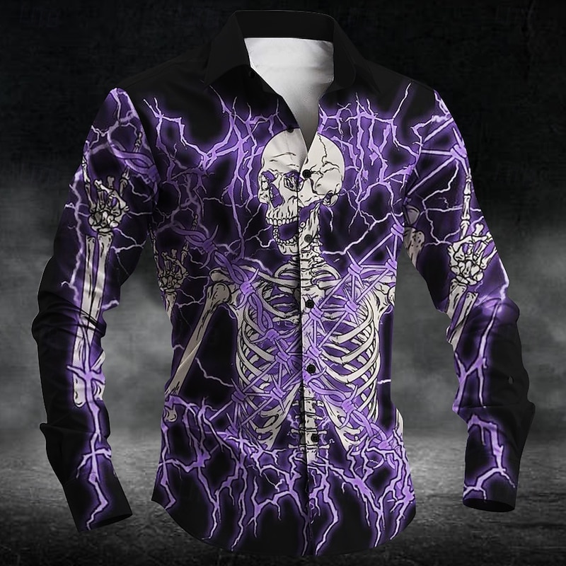 Halloween Men's Skull Halloween Costumes Button Up Shirt Long Sleeve Horror Party Evening Wear Daily Fall Winter Spring & Summer Shirt Collar 3D Print Red Blue Purple Green