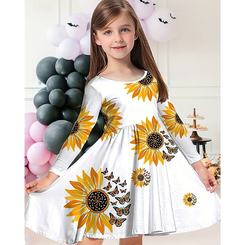 Easter Girls' 3D Graphic Sunflower Dress Long Sleeve Summer Spring Vacation Daily Holiday Princess Beautiful Sweet Kids 4-12 Years Casual Dress A Line Dress Knee-length Regular Fit