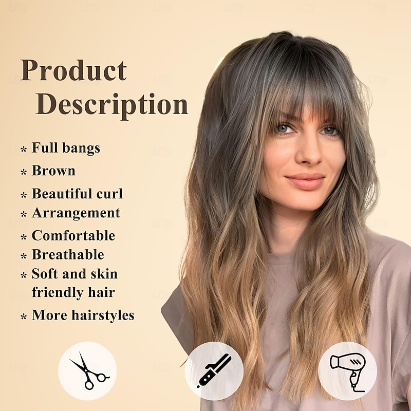 Curly Wigs With Bangs,Dark Root Curly Wigs for Women Heat Resistant Synthetic Wigs Fashion Women2