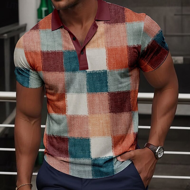 Men's Plaid Golf Shirt Short Sleeve Polo Shirts Collared Shirts Vintage Casual Vacation Wear Formal Wear Festival Wear Buttons 3D Print Summer Blue Sky Blue Claret-red4