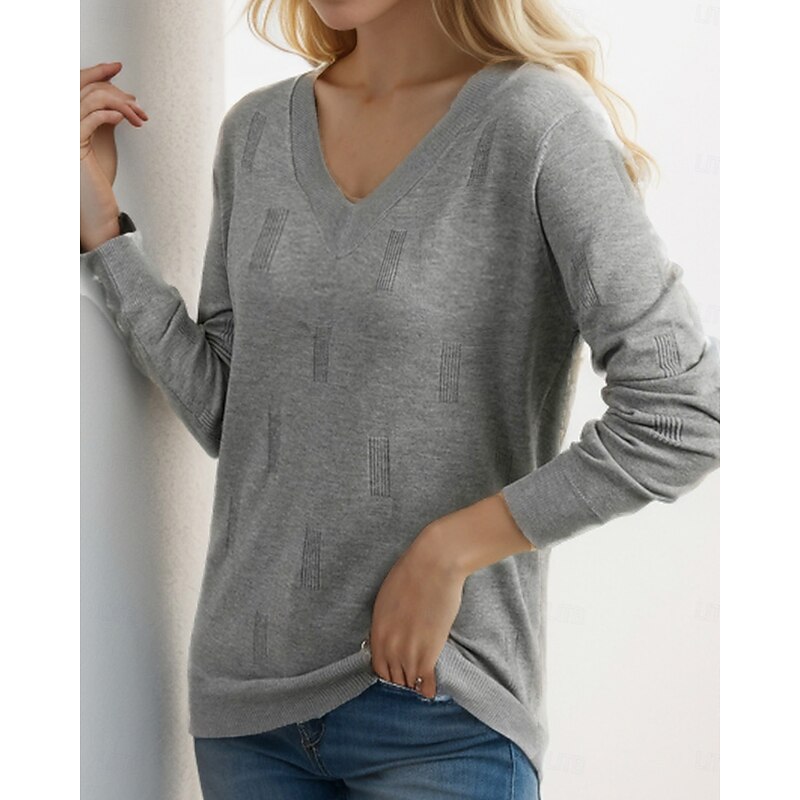 Women's Sweater Fashion Solid Color V Neck V Neck Long Sleeve Regular Tops Knit Work Gray Spring Fall3