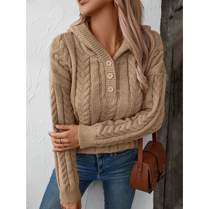 Women's Sweater Casual Solid Color Hooded Knitted Long Sleeve Regular Tops Knit Weekend Pink Khaki Fall Winter3