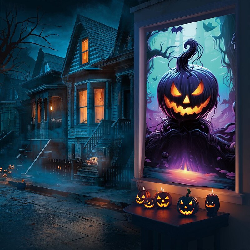 Halloween Window Cover Decorations, Fabric Purple Pumpkin Halloween Curtain Horror Movie Poster Window Door Covering Decor for Haunted House, Scary Halloween Window Clings Decals Indoor Outdoor