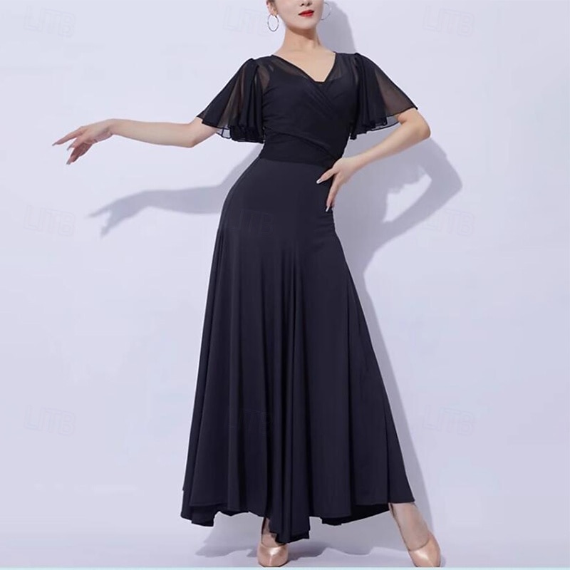Ballroom Dance Dress Pure Color Splicing Women's Performance Party Short Sleeve Mesh Milk Fiber3