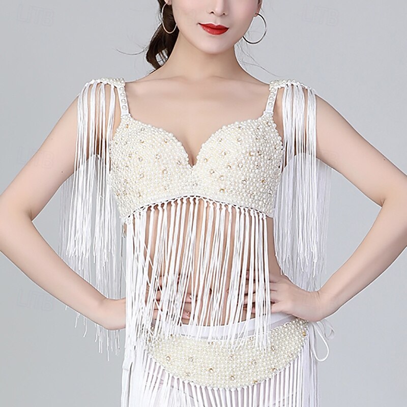 Belly Dance Bra Beading Tassel Pure Color Women's Performance Training Sleeveless High Polyester