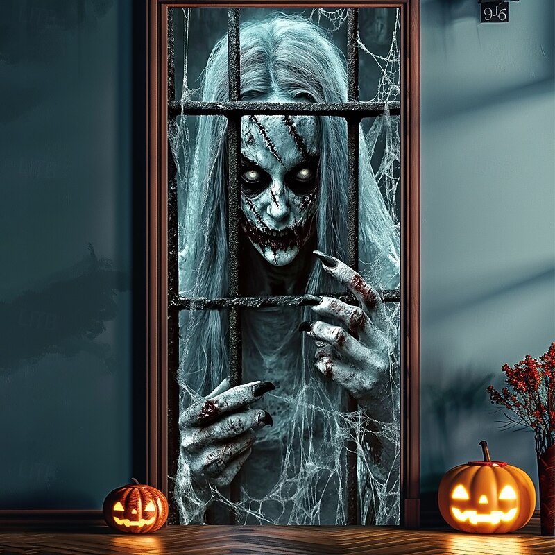 Halloween Door Decorations Halloween Door Covers Ghost Door Tapestry Door Curtain Decoration Backdrop Door Banner for Front Door Farmhouse Holiday Party Indoor Outdoor Decor Supplies3