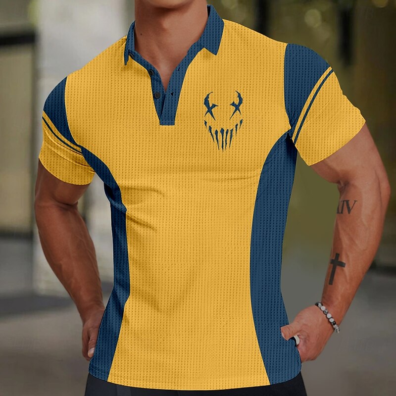 Men's Waffle Polo Shirts Golf Shirt Short Sleeve Polo Shirts Collared Shirts Casual Vacation Wear Party Outfits Buttons 3D Print Spring & Summer Yellow