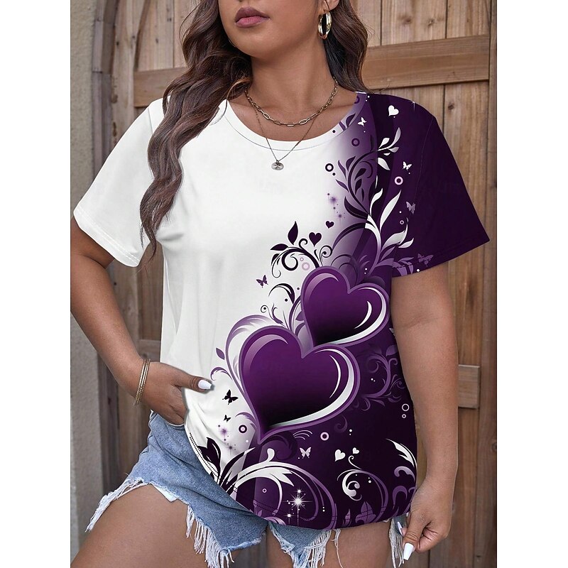Women's Plus Size T Shirt Tops Tee Heart Short Sleeve Crew Neck Casual Daily Spring Fall Purple3