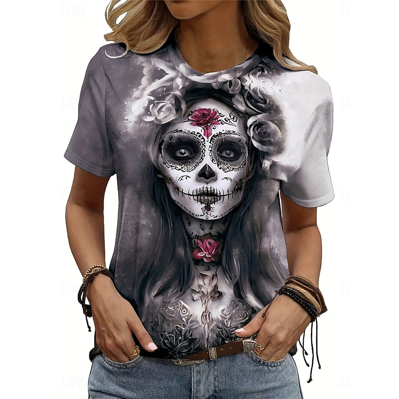 Halloween Women's T Shirt Skulls Tee Print Casual Short Sleeve Crew Neck Gray Summer