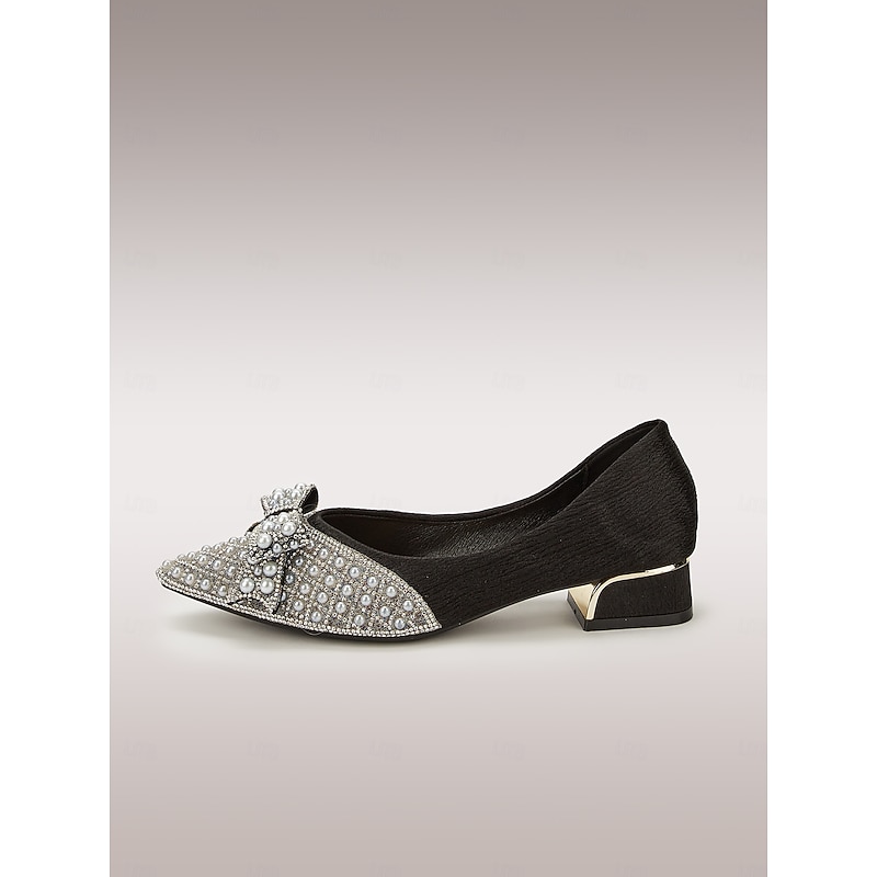 Women's Black Embellished Flats with Pearls and Rhinestones, Bow Detail, and Gold-Tipped Low Heel - Elegant Dress Shoes for Formal Occasions3