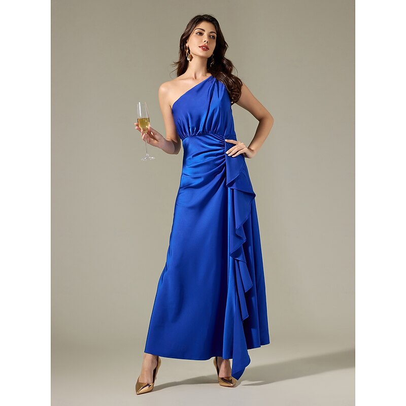 Satin Blue Sleeveless One Shoulder Ruffle Maxi Dress 5