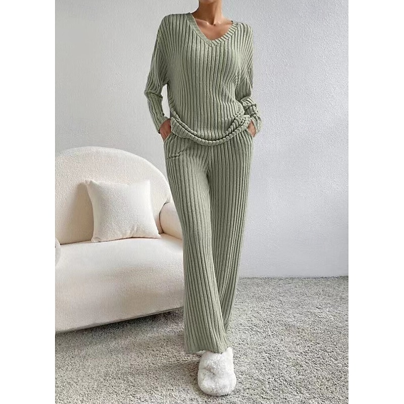 Women's Loungewear Pajama Set Simple Home V Neck Long Sleeve Pullover Pant Spring Fall Black Blue Home Outfits4