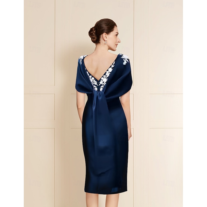 Sheath Mother of the Bride Dress Elegant Simple Off Shoulder Tea Length Stretch Fabric Short Sleeve with Bow(s) Pearls Embroidery2