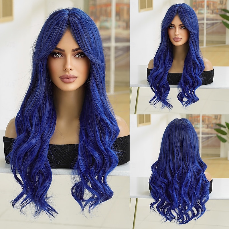 Synthetic Wig Wavy Bouncy Curl Middle Part Wig 28 inch Royal Blue Synthetic Hair Women's Middle Part Cool Adorable Blue
