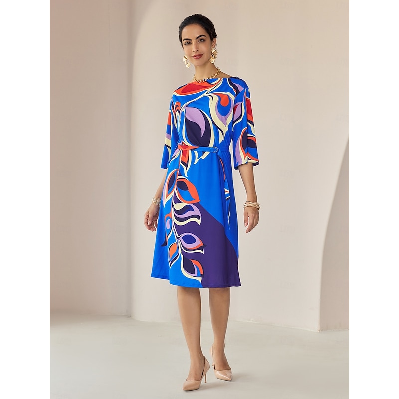 Loose Floral Printing Fall Crew Neck Daily Casual Knee Length Dress4