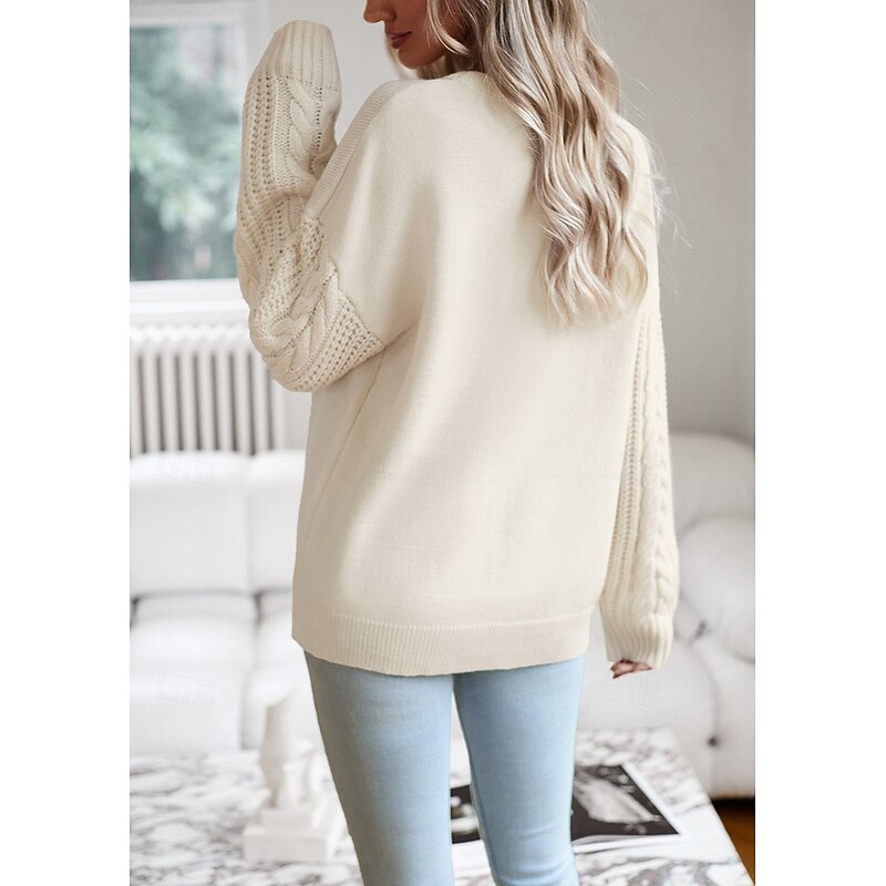 Women's Sweater Pullover Sweater Jumper Casual Sweater Fashion Streetwear Soft Solid Color Crew Neck Braided Long Sleeve Regular Tops Knit Work Weekend Black White Fall Winter2