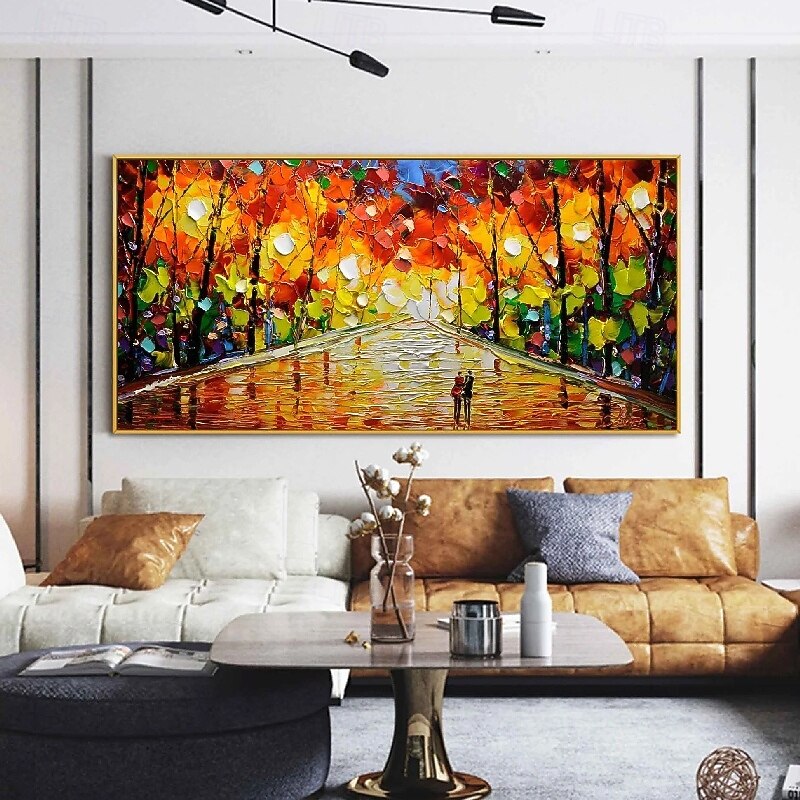 100% Hand Painted 3D pattle knife forest Oil Painting hand painted street art Forest Nordic Abstract Decorative lovers autumn Painting for Living Room bedroom wall decoration  Porch Canvas Art2