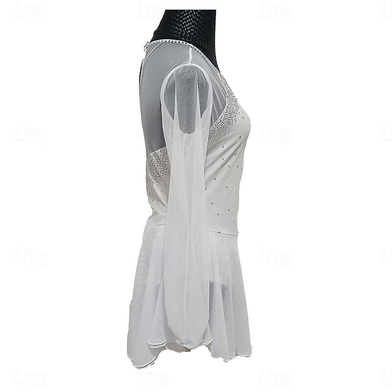 Figure Skating Dress Women's Girls' Ice Skating Dress White Patchwork Thumbhole Stretchy Training Practice Professional Skating Wear Crystal / Rhinestone Long Sleeve Ice Skating Figure Skating4