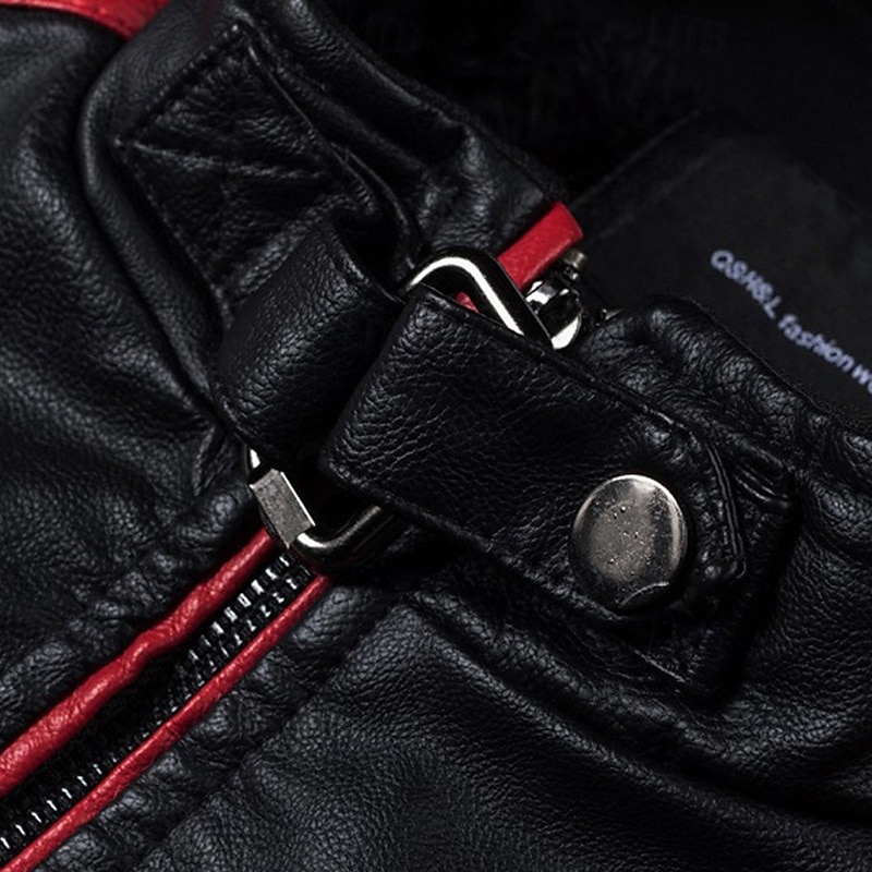 Men's Faux Leather Jacket Transition Jacket Biker Jacket Racing Leather Jacket Vacation Daily Windproof Warm Patchwork Fall & Winter Color Block Fashion Classic Stand Collar Regular Black White Red4