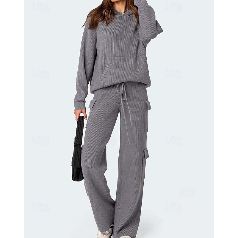 Women's Pullover Sweater Jumper Daily Casual Solid Color Hooded Pocket Long Sleeve Regular Tops Knit Home Work Daily Gray Fall Winter