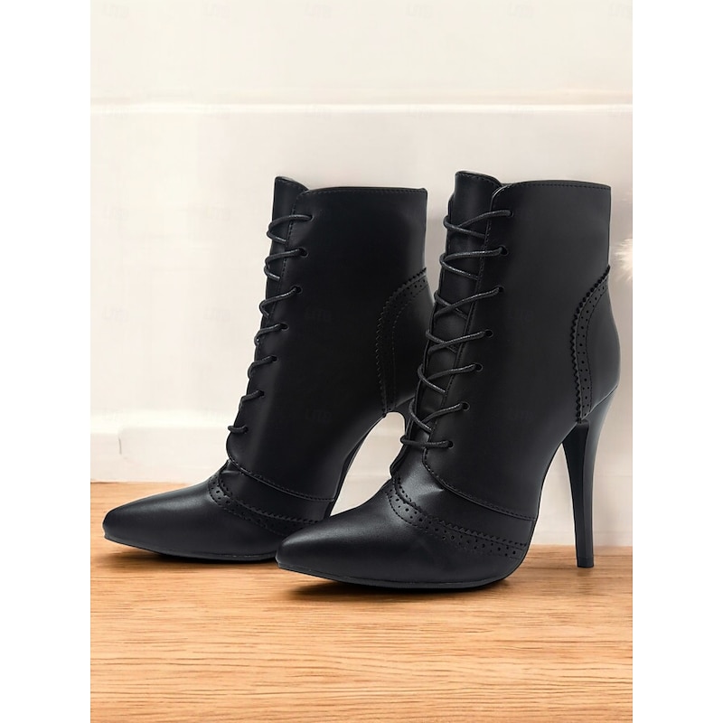 Women's Black Lace-Up Stiletto Ankle Boots with Brogue Detailing - Gothic Witch Shoes for Halloween and Cosplay2