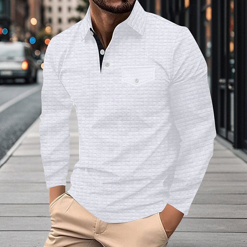 Men's Waffle Polo Shirts Golf Shirt Work Casual Lapel Long Sleeve Basic Modern Plain Texture Buttons Spring &  Fall Regular Fit Black White Navy Blue Dark Gray Orange Light Grey Waffle Polo Shirts3