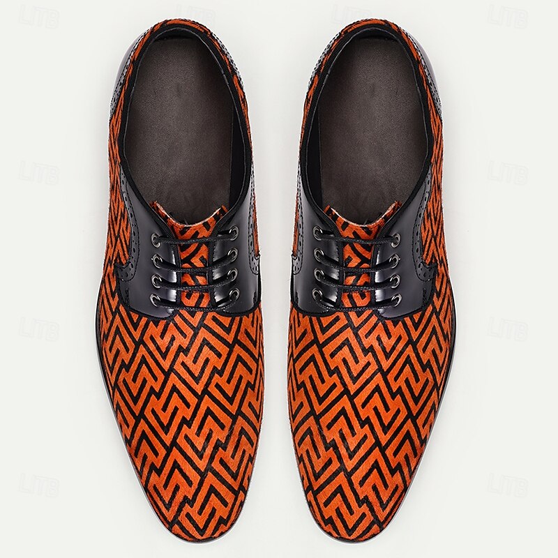Men's Orange Geometric Pattern Pony Hair and Cowhide Leather Oxford Shoes with Patent Leather Accents, Stylish Formal Footwear for Special Occasions4