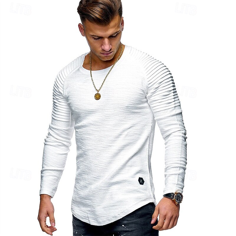 Men's T Shirt Tee Tee Top Long Sleeve Shirt Long Sleeve Crew Neck Spring &  Fall Plain Slim Pleated Fashion Designer Basic Patchwork Vacation Street Going out Black White Army Green Top Tee for Men2