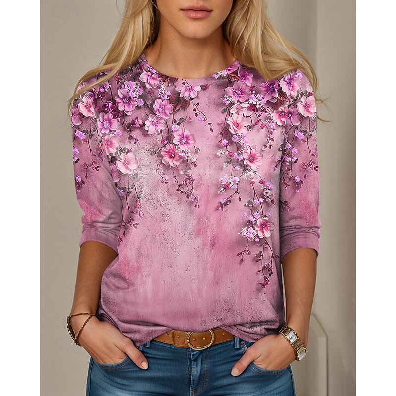 Women's T Shirt Casual Print Regular Tops Daily Yellow Pink Blue Spring Fall4