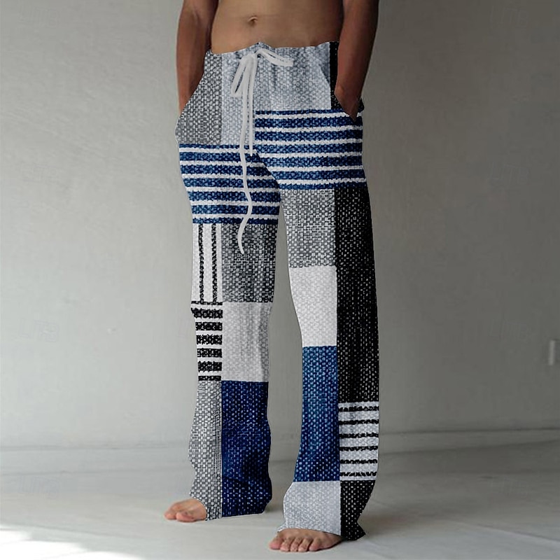 Men's Casual Pants Drawstring Pocket Straight Leg Geometric Color Block Patchwork Vacation Casual Pink Red Inelastic4