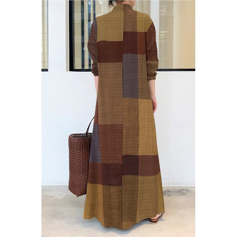 Women's Midi Dress Print Dress Plaid Basic Office Daily Weekend Print Long Sleeve Shirt Collar Dress Loose Fit Brown Spring Fall S M L XL XXL2
