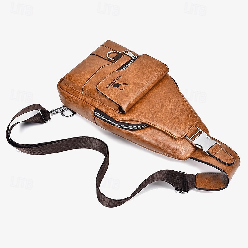 Men's Brown Faux Leather Crossbody Sling Bag with Multiple Zippered Pockets and Adjustable Strap, Stylish and Functional for Daily Use3
