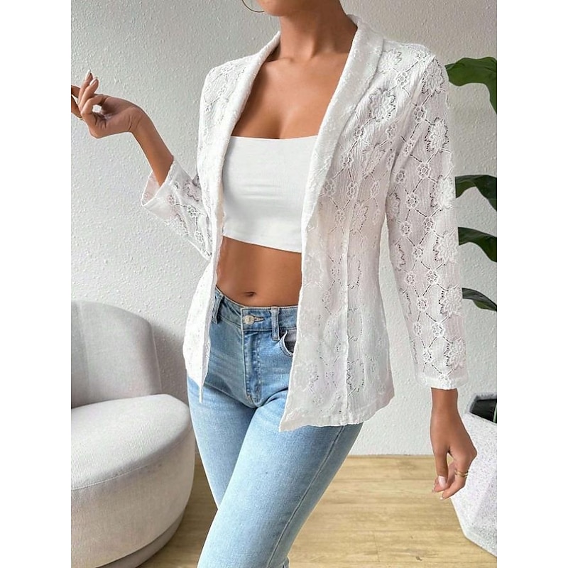 Women's Jacket Dailywear Lace Solid Color Windproof Vintage Regular Fit Outerwear Long Sleeve Spring White S