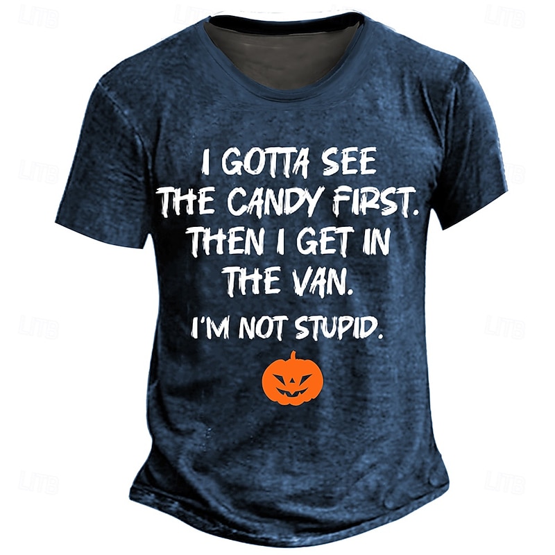 Halloween Men's Pumpkin Funny Slang T Shirt Short Sleeve T shirt 3D Print Crew Neck Shirt Retro Vintage Casual Street Style Street Sports Outdoor Casual Navy Blue Dark Gray Spring & Summer Clothing