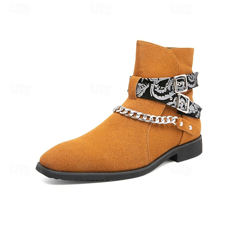 Men's Suede Ankle Boots with Skull Print Straps and Chain Detail - Stylish Western-Inspired Design for Casual and Festival Wear2