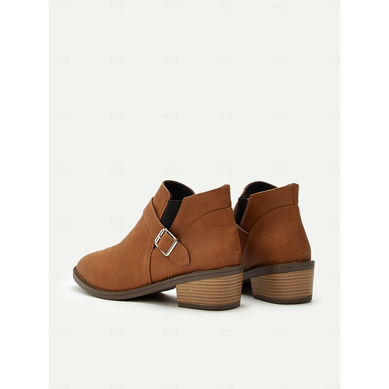 Women's Brown Faux Leather Ankle Boots with Buckle Detail in Western Style for Casual and Everyday Wear3