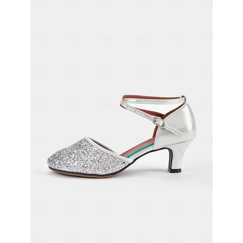 Women's Silver Glitter Latin Dance Shoes with Ankle Strap, Ideal for Ballroom Performances3