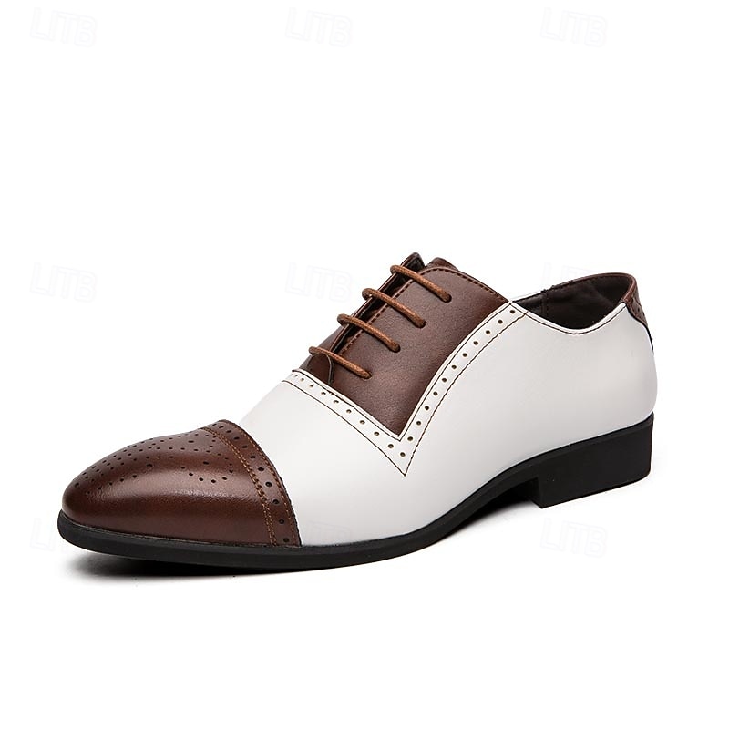 Men's Two-Tone Faux Leather Oxford Shoes - Classic Brown and White Brogue Design, Perfect for Formal Occasions3